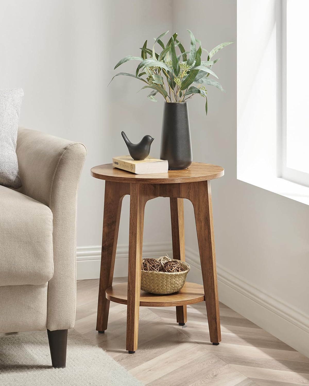 2 Tier Round Side Table with Storage Shelf, Small Nightstand with Tapered Legs for Living Room and Bedroom Honey Brown LET283T41V1 - with | Sold by Uncle Wiener's Wholesale