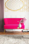 Fuchsia velvet loveseat with tufted back and gold legs in modern decor.
Ivory armless loveseat sofa with mid-century design in studio setup.
Tan velvet 2-seater with flared gold legs styled against a neutral wall.
Close-up of plush velvet texture and fluted backrest detail.
Color swatches displaying Fuchsia, Pink, Ivory, and Tan options.