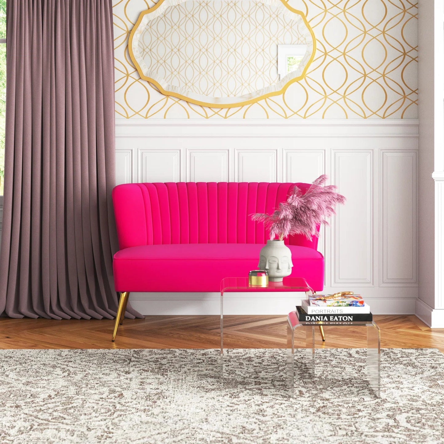 Fuchsia velvet loveseat with tufted back and gold legs in modern decor.
Ivory armless loveseat sofa with mid-century design in studio setup.
Tan velvet 2-seater with flared gold legs styled against a neutral wall.
Close-up of plush velvet texture and fluted backrest detail.
Color swatches displaying Fuchsia, Pink, Ivory, and Tan options.