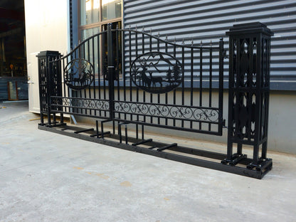 20 FT Heavy - Duty Steel Driveway Gate with Deer Artwork – Black Dual Swing Farm & Driveway Gate Kit SU20DG - with | Sold by Uncle Wiener's Wholesale
