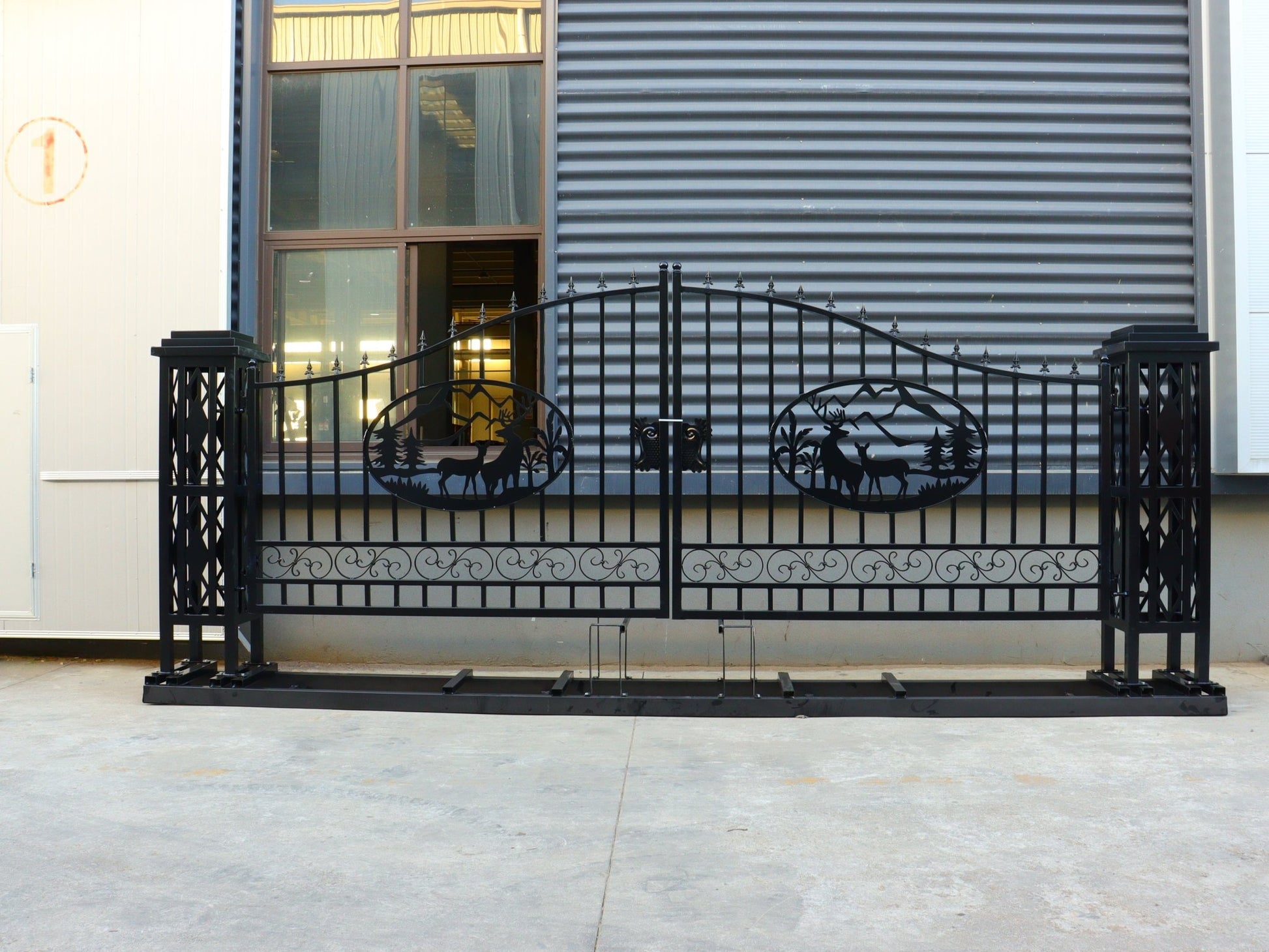 20 FT Heavy - Duty Steel Driveway Gate with Deer Artwork – Black Dual Swing Farm & Driveway Gate Kit SU20DG - with | Sold by Uncle Wiener's Wholesale
