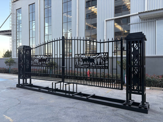 20 FT Heavy - Duty Steel Driveway Gate with Square Deer Artwork – Black Dual Swing Farm & Ranch Gate Kit SU20SQ - with | Sold by Uncle Wiener's Wholesale