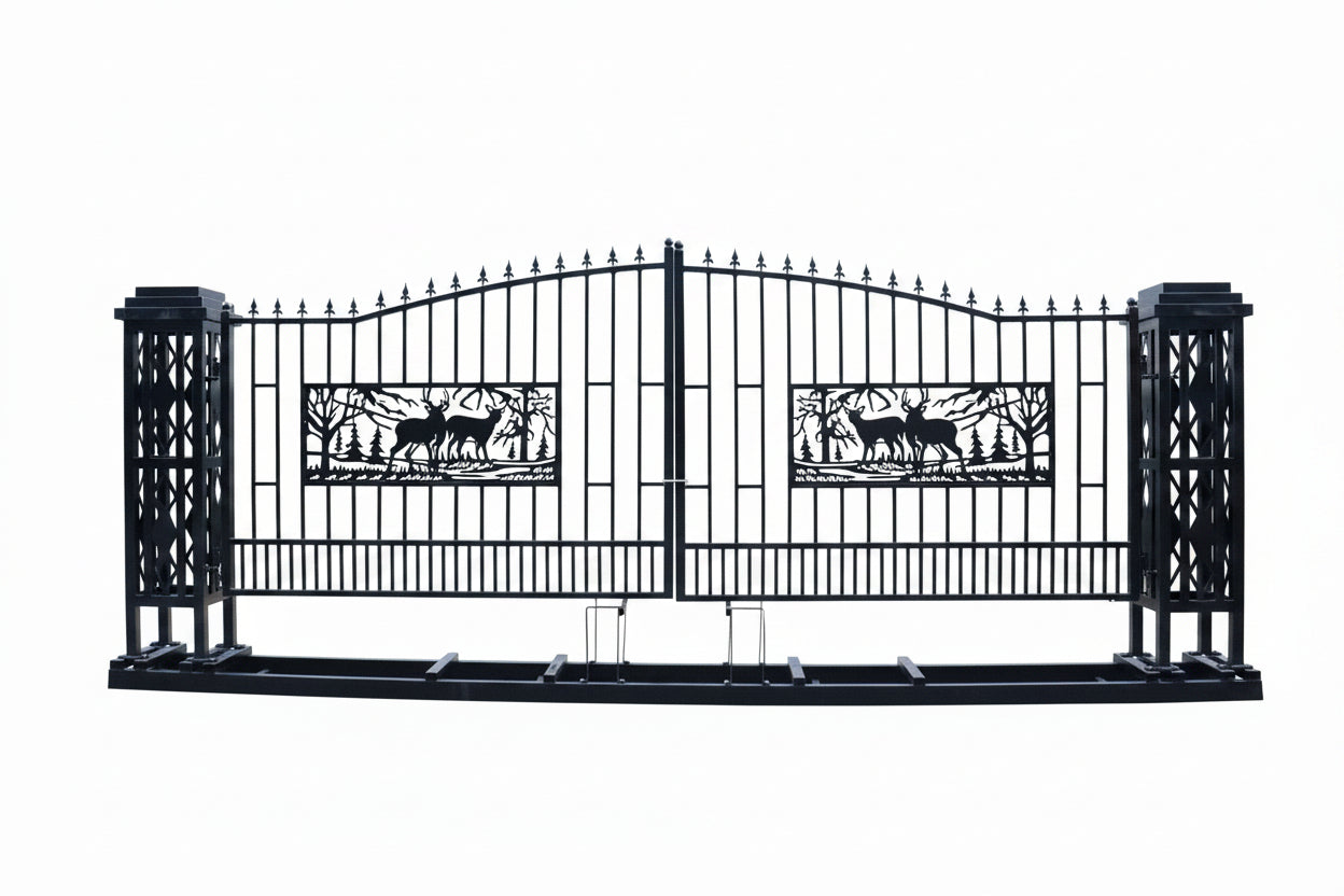 20 FT Heavy - Duty Steel Driveway Gate with Square Deer Artwork – Black Dual Swing Farm & Ranch Gate Kit SU20SQ - with | Sold by Uncle Wiener's Wholesale