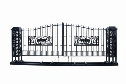 20 FT Heavy - Duty Steel Driveway Gate with Square Deer Artwork – Black Dual Swing Farm & Ranch Gate Kit SU20SQ - with | Sold by Uncle Wiener's Wholesale