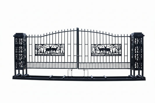 20 FT Heavy - Duty Steel Driveway Gate with Square Deer Artwork – Black Dual Swing Farm & Ranch Gate Kit SU20SQ - with | Sold by Uncle Wiener's Wholesale