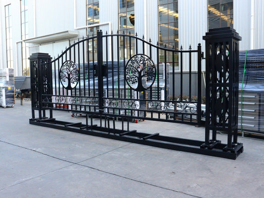20 FT Heavy - Duty Steel Driveway Gate with Tree of Life Artwork – Black Dual Swing Farm Gate Kit SU20TL - with | Sold by Uncle Wiener's Wholesale