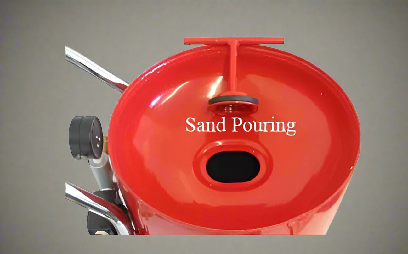 Red 20-gallon portable sandblasting tank with hose, wheels, and blasting accessories for rust and paint removal
