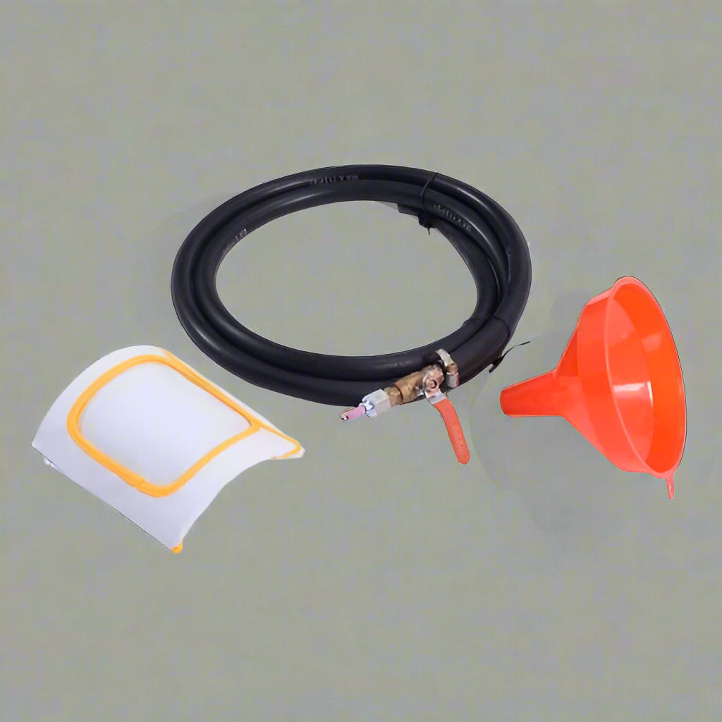 Red 20-gallon portable sandblasting tank with hose, wheels, and blasting accessories for rust and paint removal
