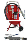 Red 20-gallon portable sandblasting tank with hose, wheels, and blasting accessories for rust and paint removal
