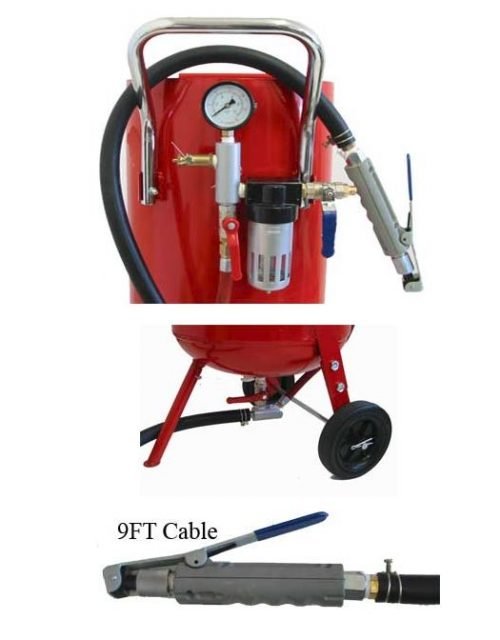 Red 20-gallon portable sandblasting tank with hose, wheels, and blasting accessories for rust and paint removal
