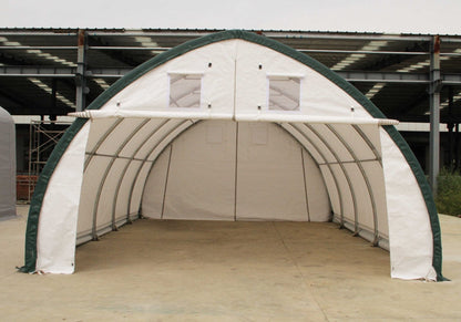 Industrial shelter with white PVC cover and front winch entry