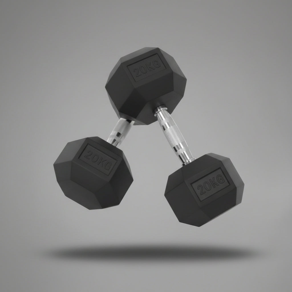 Rubber hex dumbbells set with chrome handle 5kg to 25kg
Hexagonal dumbbells for strength training home and gym
Anti-roll rubber dumbbell set black chrome grip
Home gym hex dumbbells lineup 5kg 10kg 15kg 20kg 25kg
Close-up ergonomic chrome handle on hex dumbbell