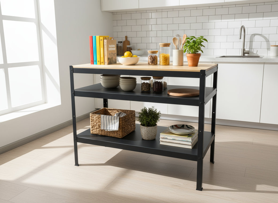 3-Tier Solid Hardwood Workbench – Heavy-Duty Utility Table with Butcher Block Top – Garage or Kitchen Use – WB4321