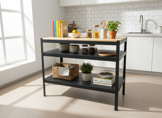 3-Tier Solid Hardwood Workbench – Heavy-Duty Utility Table with Butcher Block Top – Garage or Kitchen Use – WB4321