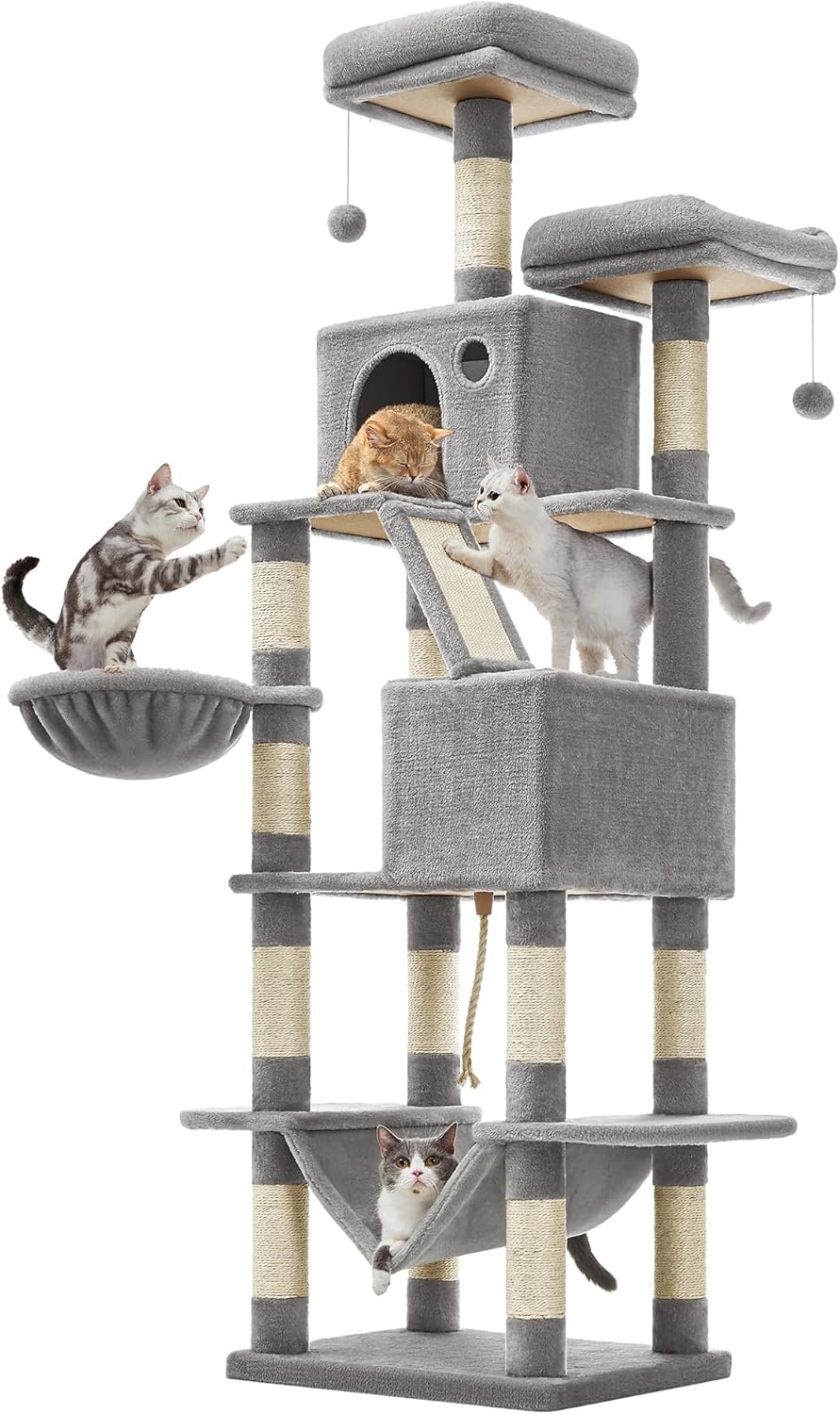 206 cm Cat Tree Tower with 2 Perches, 2 Cat Condos, Hammock, Basket and 14 Scratching Areas, Multi-Level Cat Activity Center Light Gray PCT190W01 - with | Sold by Uncle Wiener's Wholesale