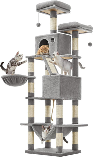 206 cm Cat Tree Tower with 2 Perches, 2 Cat Condos, Hammock, Basket and 14 Scratching Areas, Multi-Level Cat Activity Center Light Gray PCT190W01