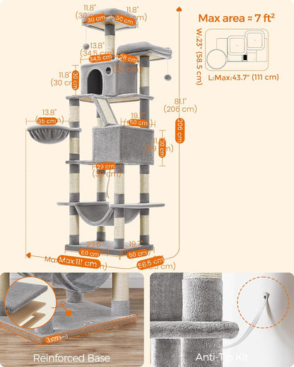 206 cm Cat Tree Tower with 2 Perches, 2 Cat Condos, Hammock, Basket and 14 Scratching Areas, Multi-Level Cat Activity Center Light Gray PCT190W01 - with | Sold by Uncle Wiener's Wholesale