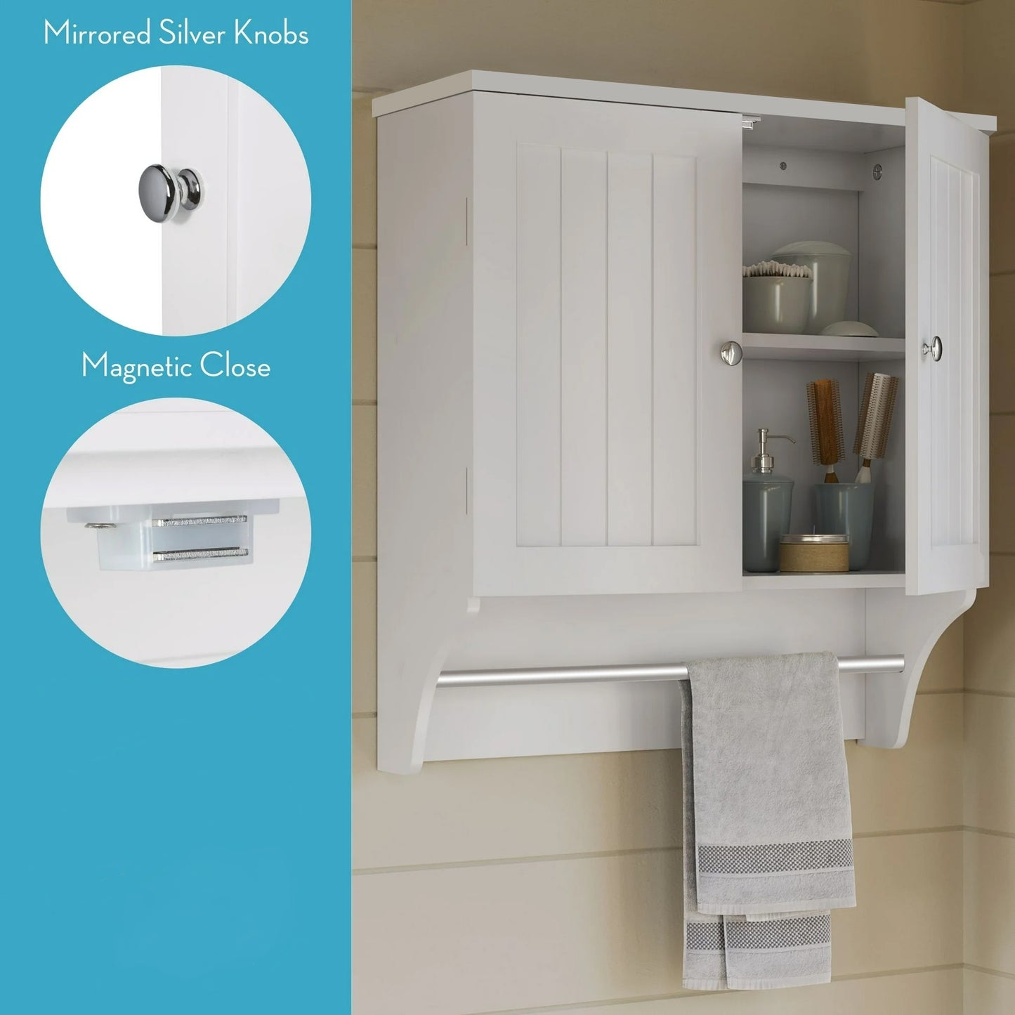 2 Door Bathroom Medicine Cabinet Wall Mounted Storage with Towel Bar White / Grey