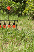 .22 resetting steel shooting target with six orange spinner paddles in grassy field
