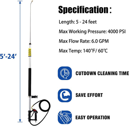 24 ft Telescoping Pressure Washer Wand Kit – Brush Head, Gutter Cleaner, 7 Nozzles – PWTW - with | Sold by Uncle Wiener's Wholesale