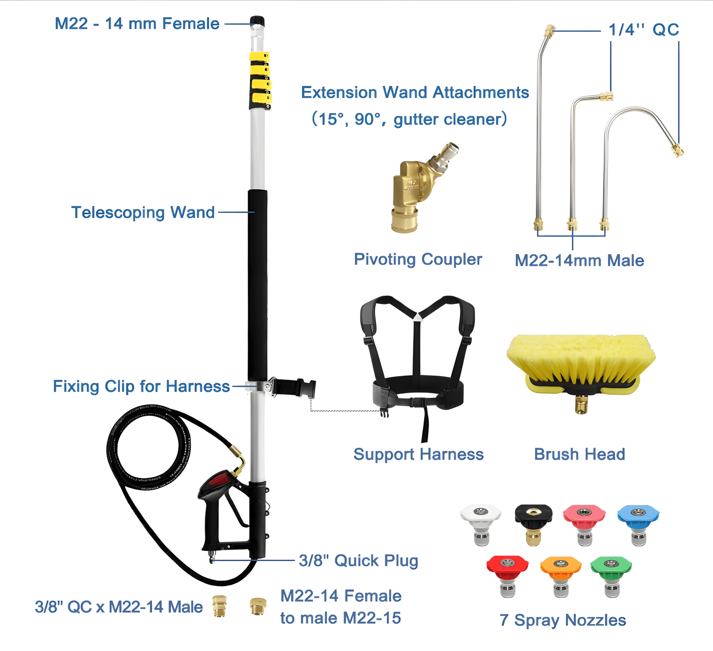 24 ft Telescoping Pressure Washer Wand Kit – Brush Head, Gutter Cleaner, 7 Nozzles – PWTW - with | Sold by Uncle Wiener's Wholesale