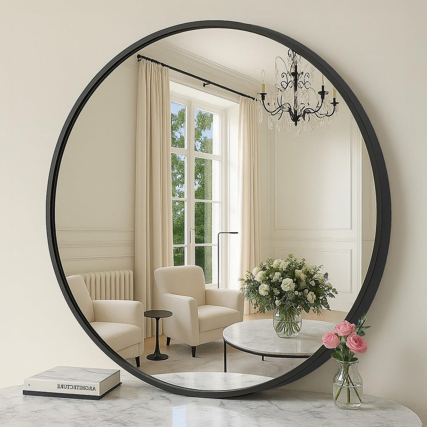24 Inch Round Wall Mirror with Metal Frame, Bathroom Vanity Mirror, Decorative Circle Mirror for Entryway, Bedroom and Living Room Ink Black LWM102B01 - with | Sold by Uncle Wiener's Wholesale