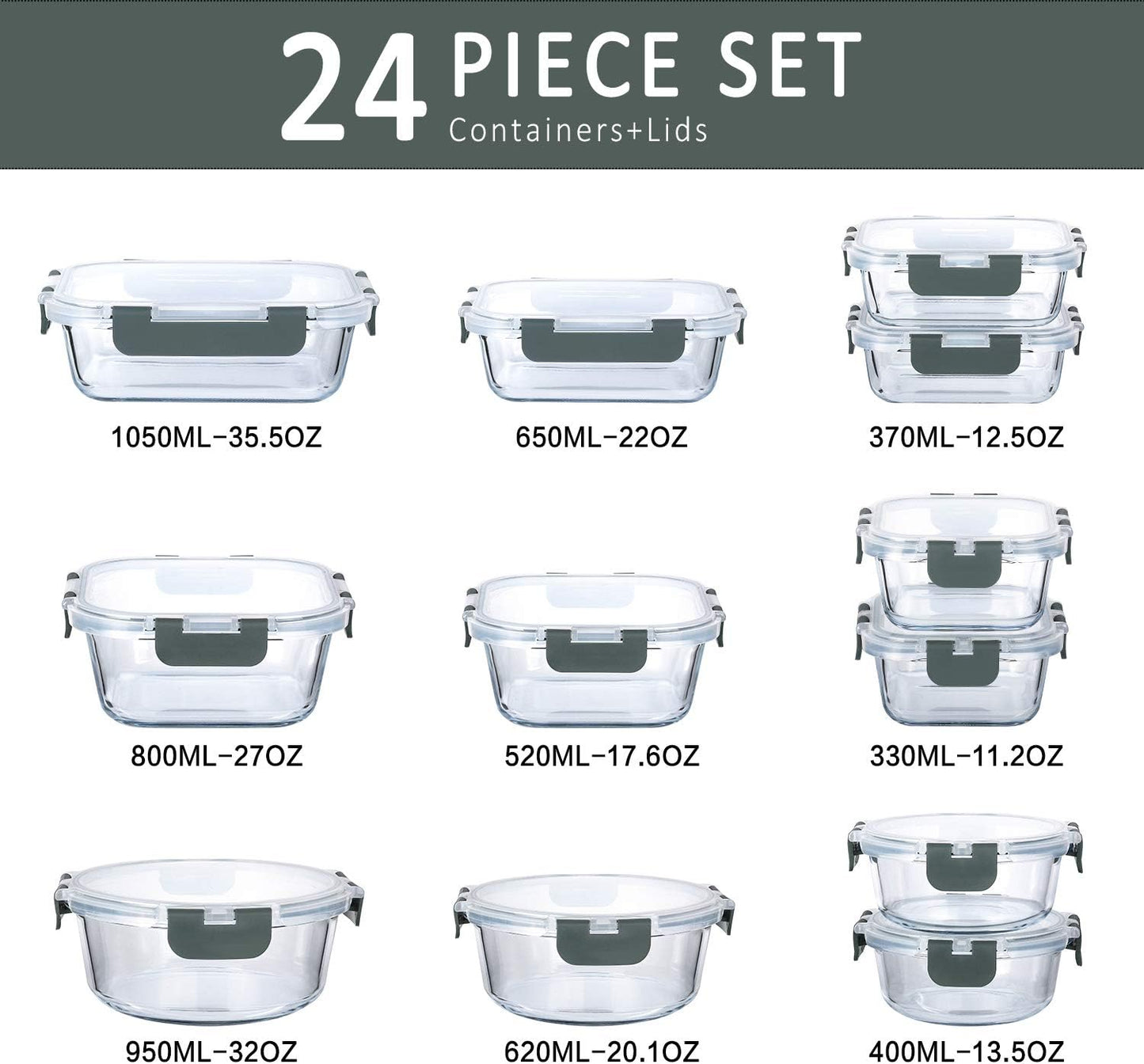 24 - Piece Glass Food Storage Container Set with Locking Lids Meal Prep Microwave Oven Safe S1340 - with | Sold by Uncle Wiener's Wholesale