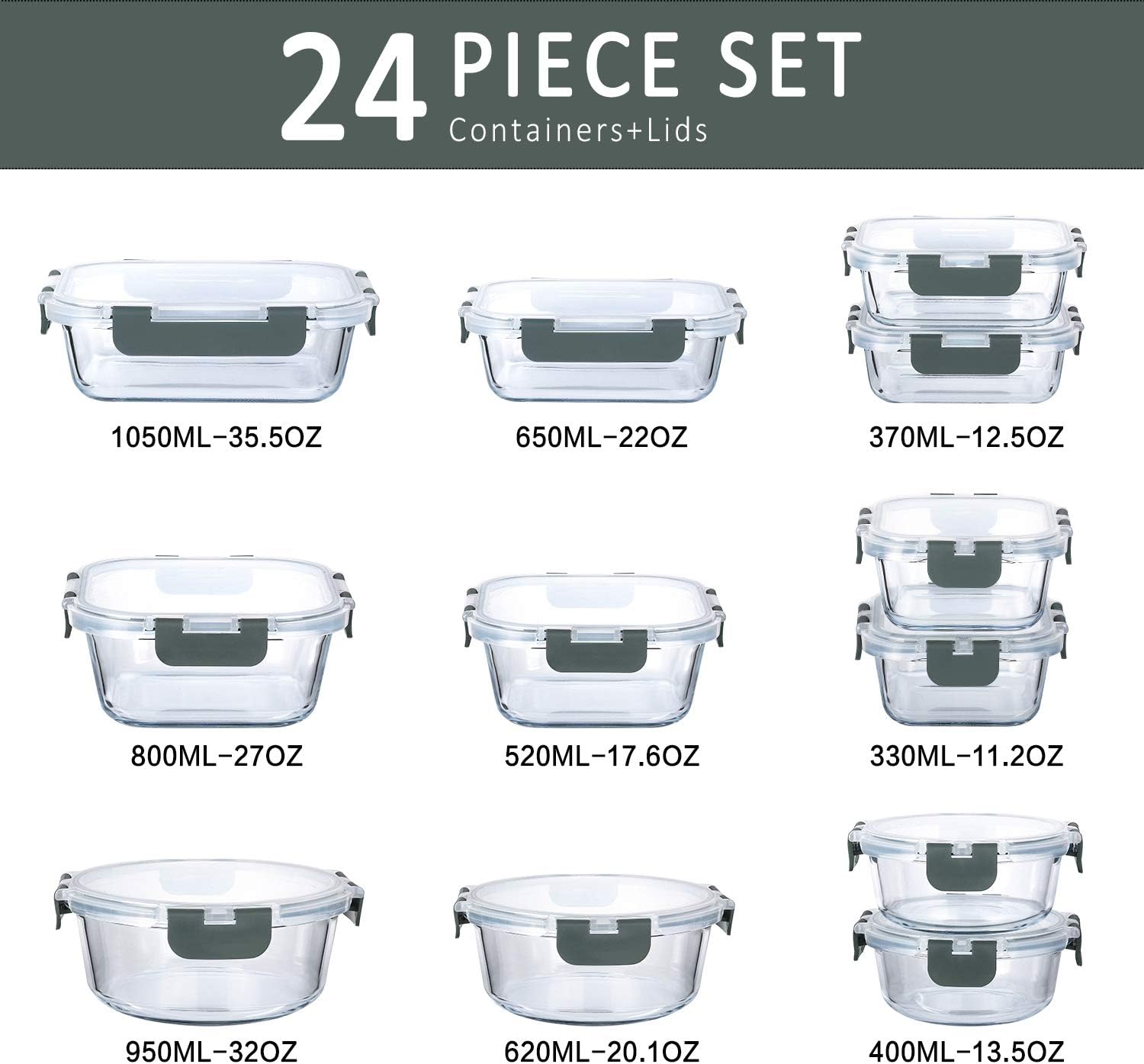 24 - Piece Glass Food Storage Container Set with Locking Lids Meal Prep Microwave Oven Safe S1340 - with | Sold by Uncle Wiener's Wholesale