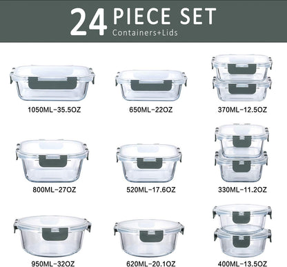24 - Piece Glass Food Storage Container Set with Locking Lids Meal Prep Microwave Oven Safe S1340 - with | Sold by Uncle Wiener's Wholesale