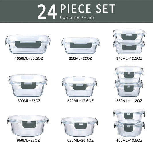 24 - Piece Glass Food Storage Container Set with Locking Lids Meal Prep Microwave Oven Safe S1340 - with | Sold by Uncle Wiener's Wholesale