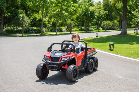 24 V Six - Wheel UTV Ride - On Truck – Leather Seat, EVA Wheels, 550 W Motors, Remote Control - with Red | Sold by Uncle Wiener's Wholesale