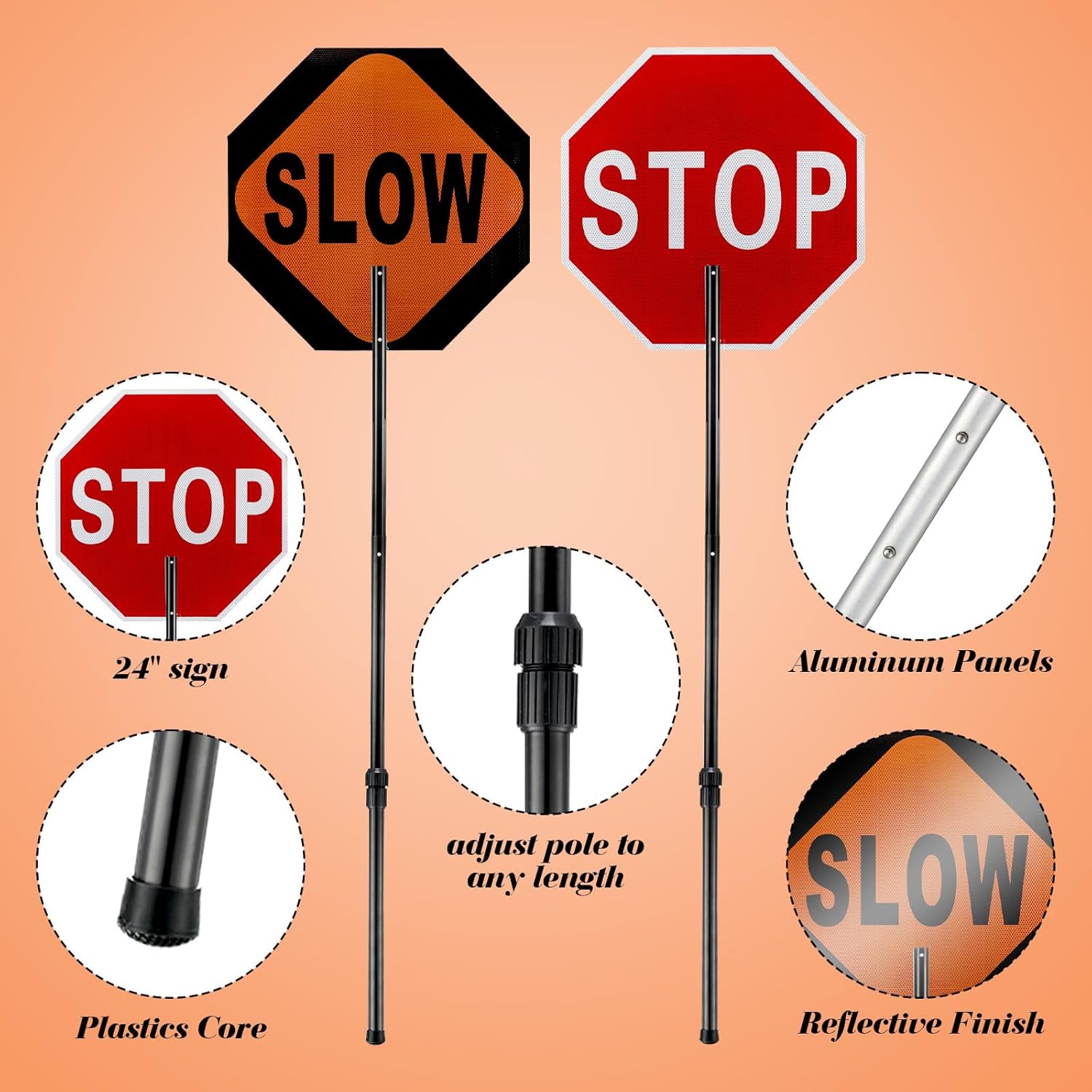 24" x 24" Flagger Stop/Slow Paddle — Double - Sided with Telescopic Staff 329481 - with | Sold by Uncle Wiener's Wholesale