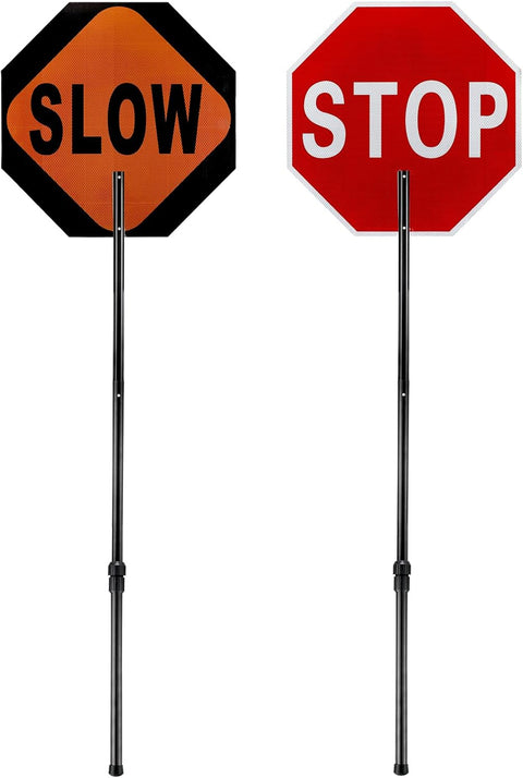 24" x 24" Flagger Stop/Slow Paddle — Double - Sided with Telescopic Staff 329481 - with | Sold by Uncle Wiener's Wholesale