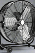 Front view of 24 inch industrial drum fan with wheels