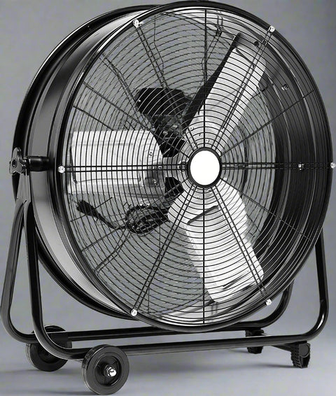Front view of 24 inch industrial drum fan with wheels