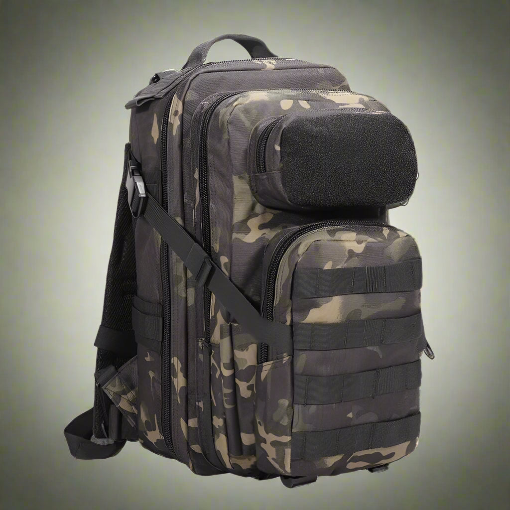 25L Tactical MOLLE Backpack in Woodlands Camo – Front View
Compact OD Green MOLLE Backpack – Side Storage View
Black Camo MOLLE Pack with Front Pouch and Bottle Holder
A-TACS Tactical Pack – Rear Strap Design and Padding