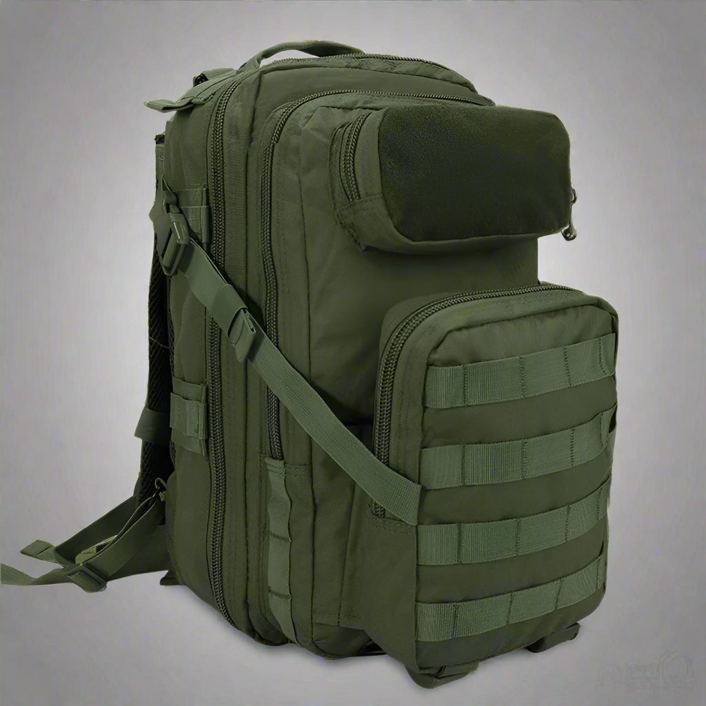 25L Tactical MOLLE Backpack in Woodlands Camo – Front View
Compact OD Green MOLLE Backpack – Side Storage View
Black Camo MOLLE Pack with Front Pouch and Bottle Holder
A-TACS Tactical Pack – Rear Strap Design and Padding