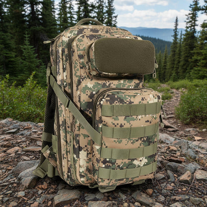 25L Tactical MOLLE Backpack in Woodlands Camo – Front View
Compact OD Green MOLLE Backpack – Side Storage View
Black Camo MOLLE Pack with Front Pouch and Bottle Holder
A-TACS Tactical Pack – Rear Strap Design and Padding