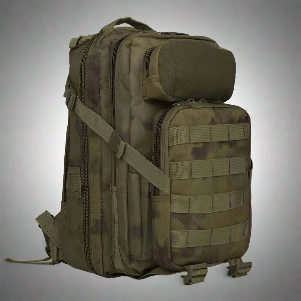 25L Tactical MOLLE Backpack in Woodlands Camo – Front View
Compact OD Green MOLLE Backpack – Side Storage View
Black Camo MOLLE Pack with Front Pouch and Bottle Holder
A-TACS Tactical Pack – Rear Strap Design and Padding