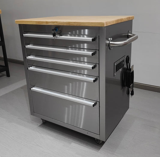 26 - Inch 5 - Drawer Stainless Steel Tool Bench with Rubber Wood Top – Rolling Workbench with Locking Drawers & Casters – TB2619S - with | Sold by Uncle Wiener's Wholesale