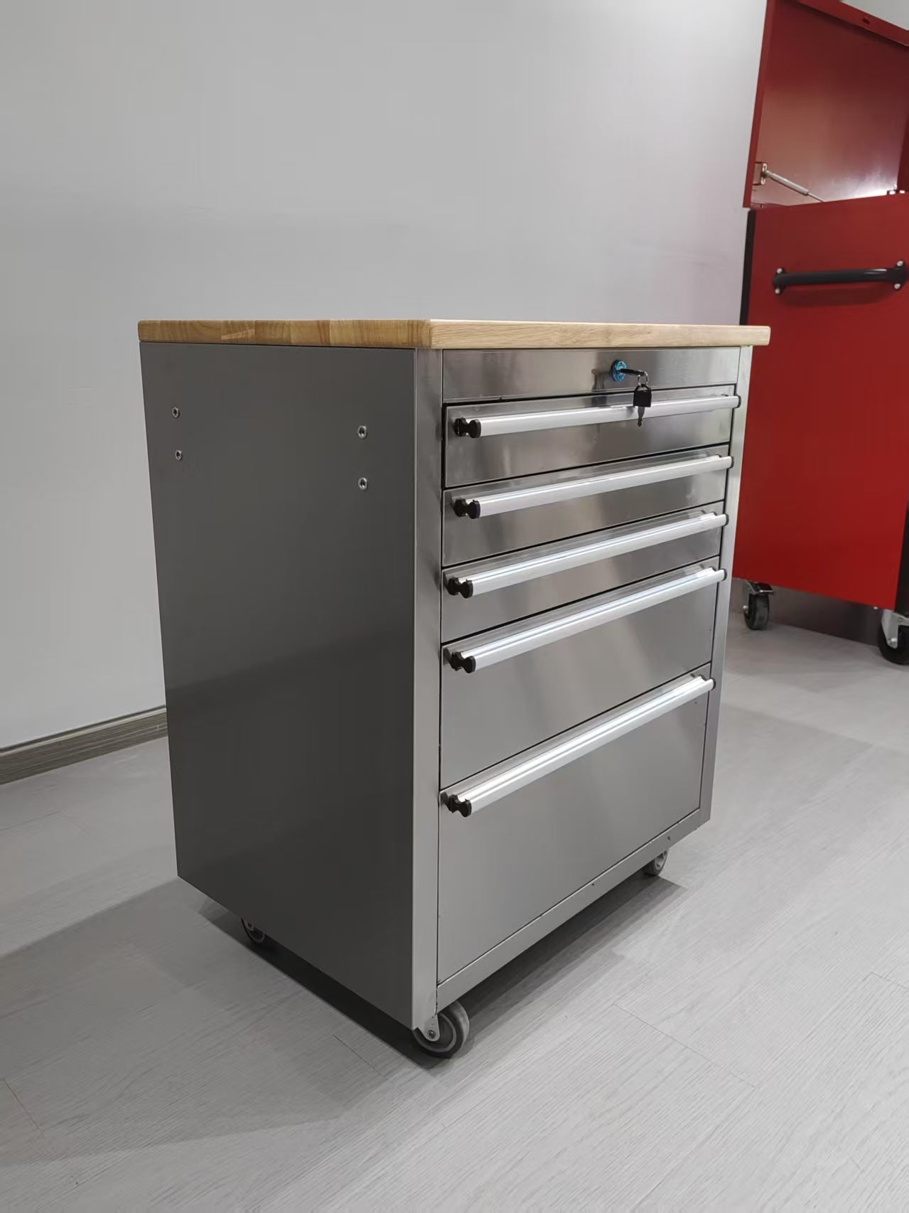 26 - Inch 5 - Drawer Stainless Steel Tool Bench with Rubber Wood Top – Rolling Workbench with Locking Drawers & Casters – TB2619S - with | Sold by Uncle Wiener's Wholesale