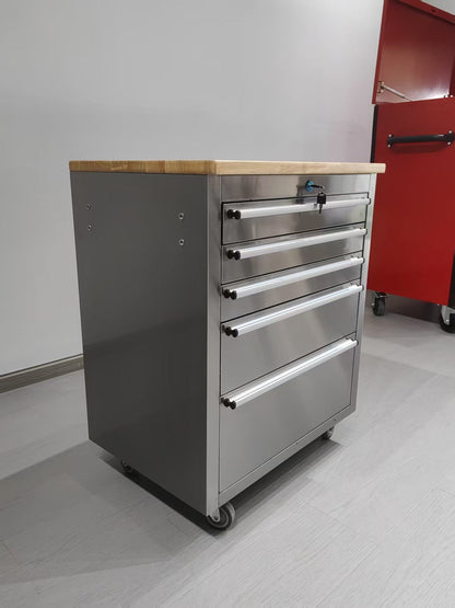 26 - Inch 5 - Drawer Stainless Steel Tool Bench with Rubber Wood Top – Rolling Workbench with Locking Drawers & Casters – TB2619S - with | Sold by Uncle Wiener's Wholesale