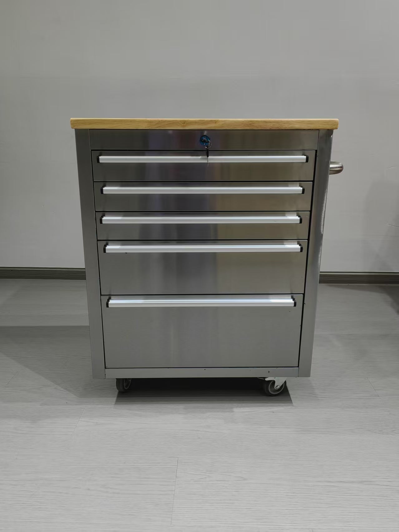 26 - Inch 5 - Drawer Stainless Steel Tool Bench with Rubber Wood Top – Rolling Workbench with Locking Drawers & Casters – TB2619S - with | Sold by Uncle Wiener's Wholesale