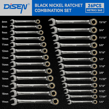 26-Piece 90-Tooth Metric & SAE Ratcheting Combination Wrench Set with Organizer GD026 - with | Sold by Uncle Wiener's Wholesale
