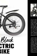 Matte black electric fat tire mountain bike side profile

Rider using e-bike on snowy terrain

Close-up of 350W rear hub motor

Heavy-duty disc brakes on fat tire

Fat tire grip on sand and off-road trails