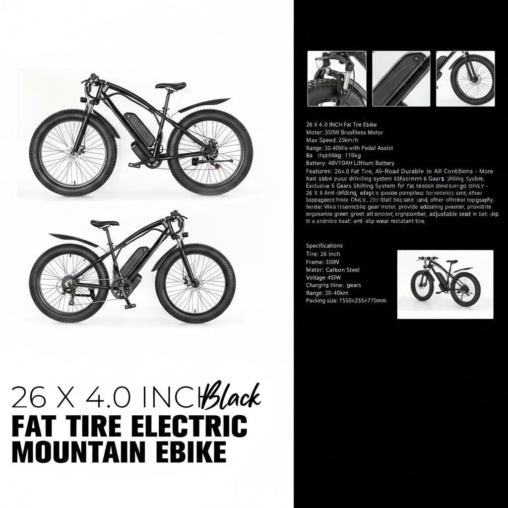 Matte black electric fat tire mountain bike side profile

Rider using e-bike on snowy terrain

Close-up of 350W rear hub motor

Heavy-duty disc brakes on fat tire

Fat tire grip on sand and off-road trails