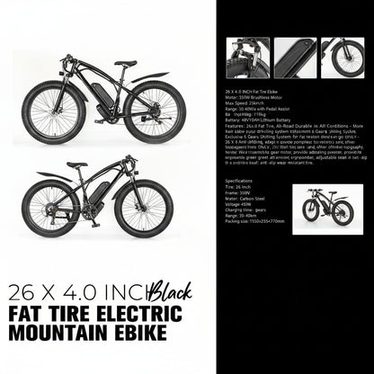 Matte black electric fat tire mountain bike side profile

Rider using e-bike on snowy terrain

Close-up of 350W rear hub motor

Heavy-duty disc brakes on fat tire

Fat tire grip on sand and off-road trails