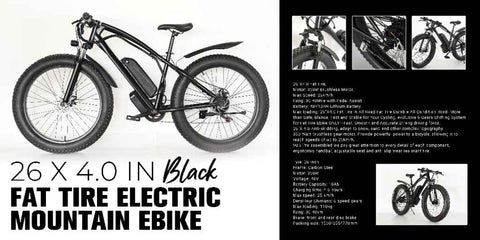 Matte black electric fat tire mountain bike side profile

Rider using e-bike on snowy terrain

Close-up of 350W rear hub motor

Heavy-duty disc brakes on fat tire

Fat tire grip on sand and off-road trails