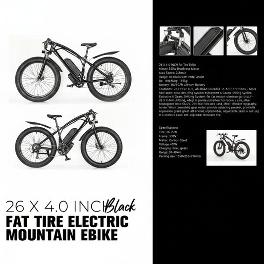 Matte black electric fat tire mountain bike side profile

Rider using e-bike on snowy terrain

Close-up of 350W rear hub motor

Heavy-duty disc brakes on fat tire

Fat tire grip on sand and off-road trails
