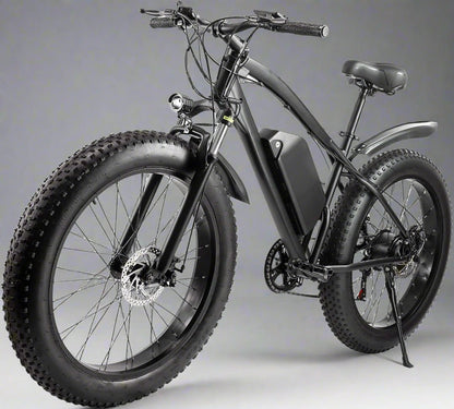 Matte black electric fat tire mountain bike side profile

Rider using e-bike on snowy terrain

Close-up of 350W rear hub motor

Heavy-duty disc brakes on fat tire

Fat tire grip on sand and off-road trails